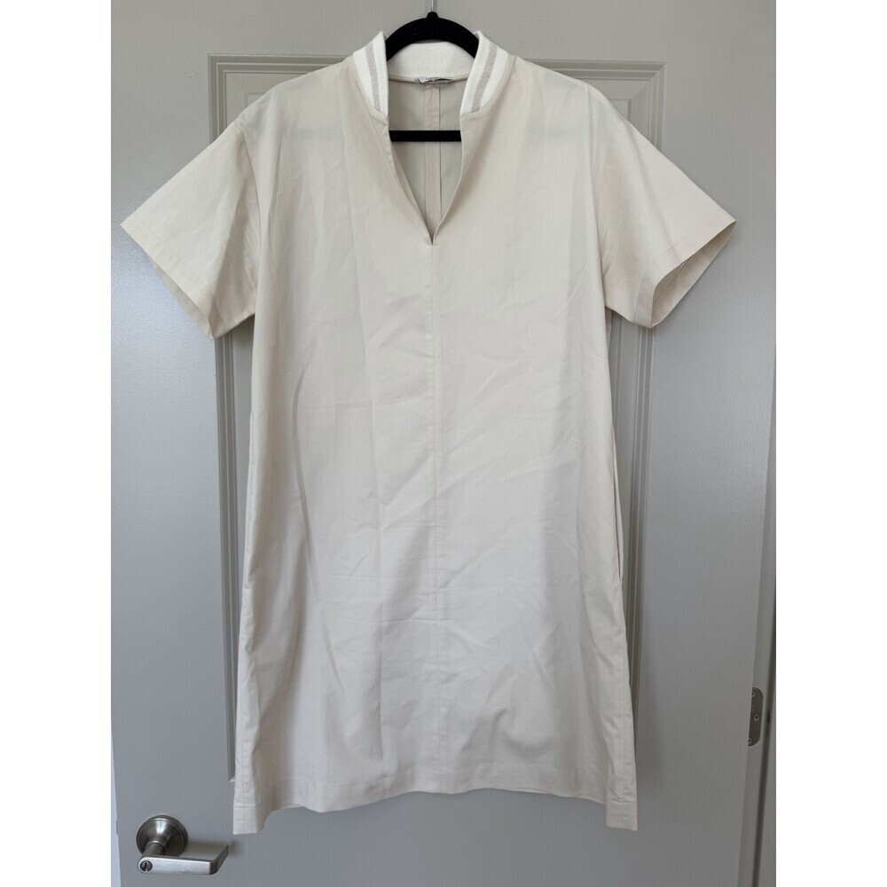 Peserico V Neck Metallic Trim Mini Dress Short Sleeve in Beige Size 40 US Small
